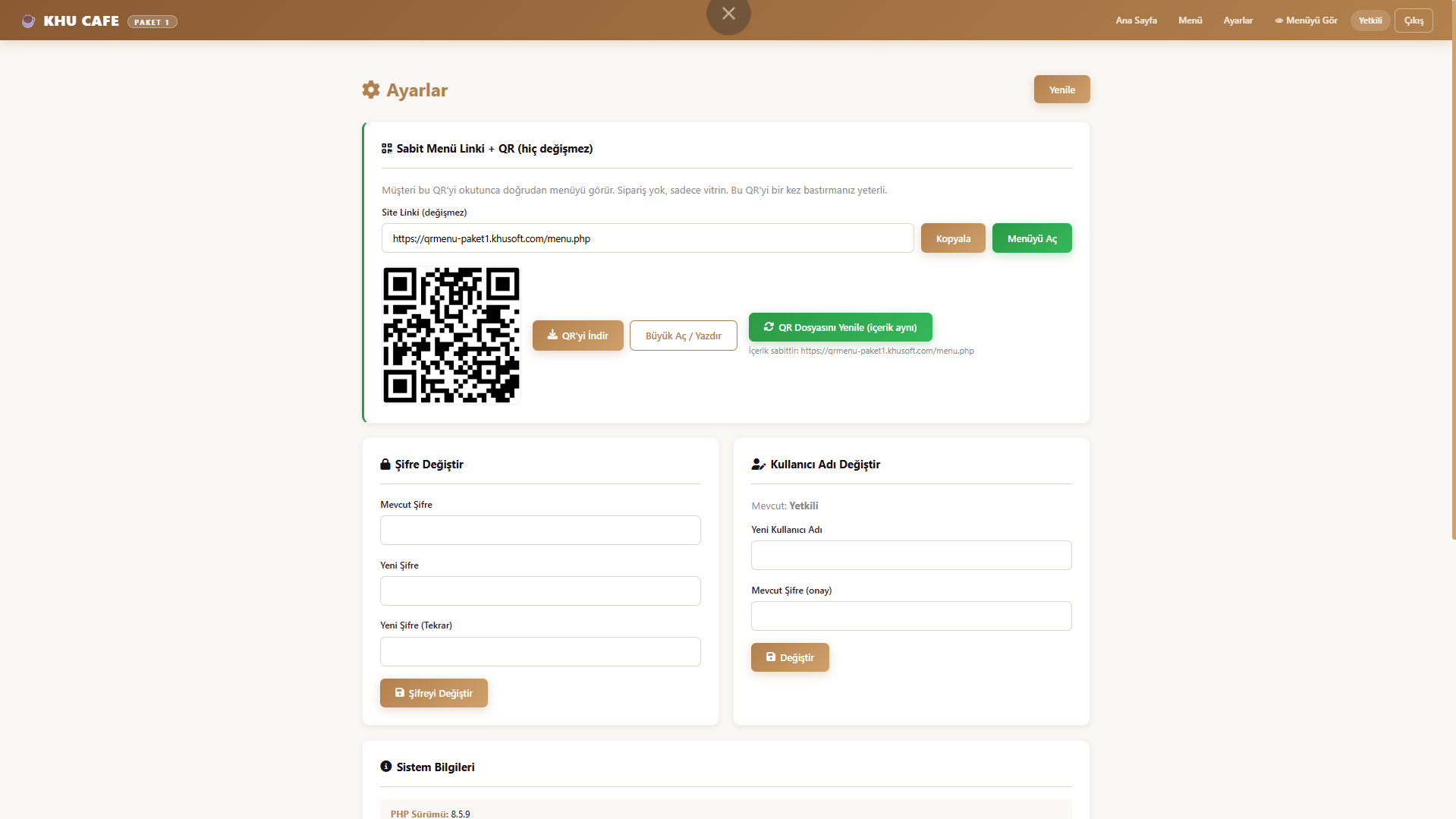 KHUCAFE Paket1 sade QR menü sistemi ekran görüntüsü